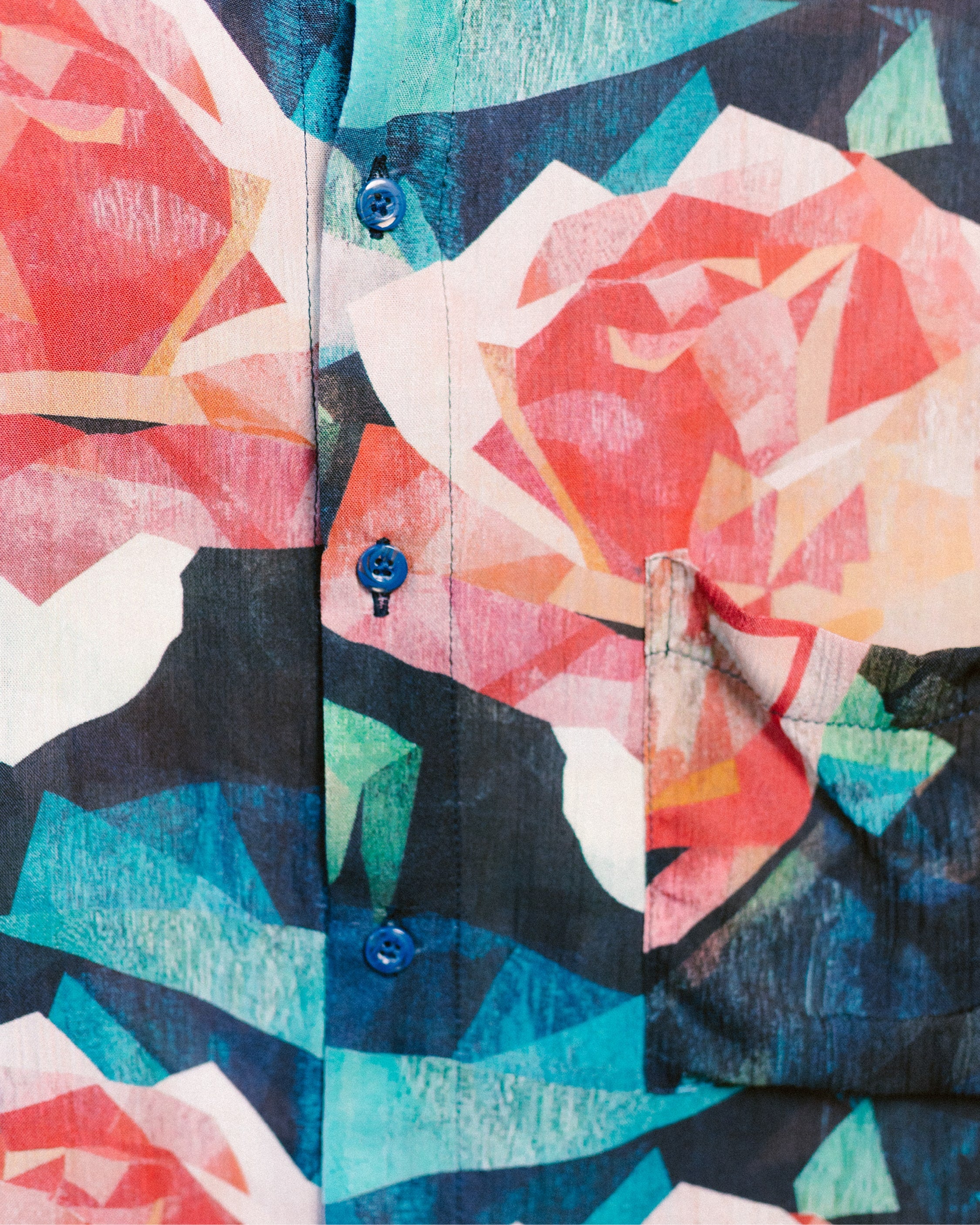 Close-up shot of the patterns of the Geometric Roses bamboo shirt by Leon Dream