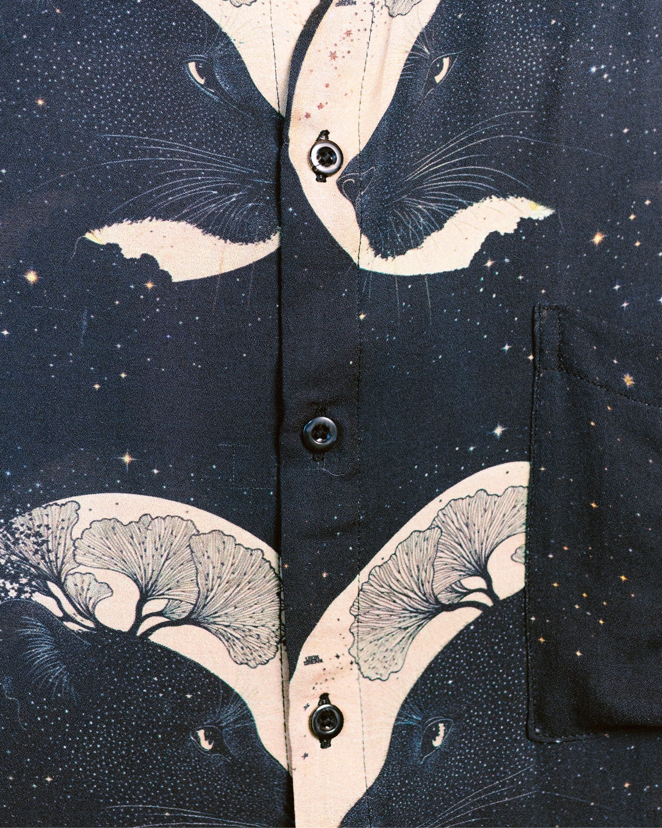 Close-up shot of the patterns on the Mad Motor Miquel shirt by Leon Dream
